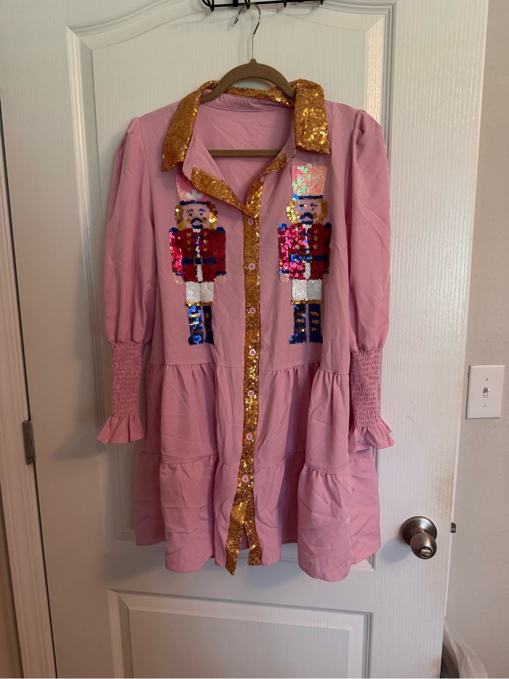 Pink Sequin Nutcracker Tiered Mini Dress with Gold Trim